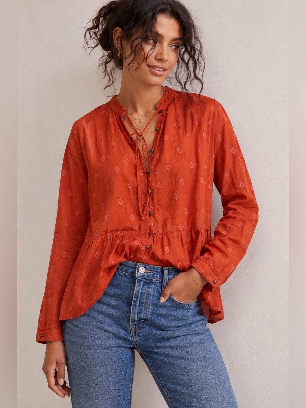 Anthropologie Pilcro Tiered Tunic Blouse Orange Embroidered Small Cottagecore